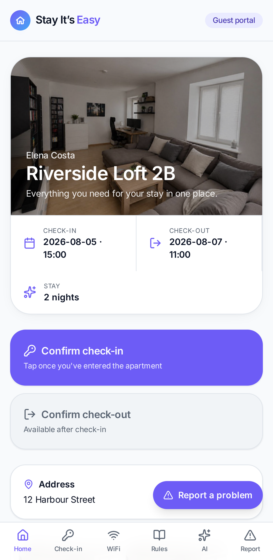 Stay It's Easy guest mobile portal home screen.