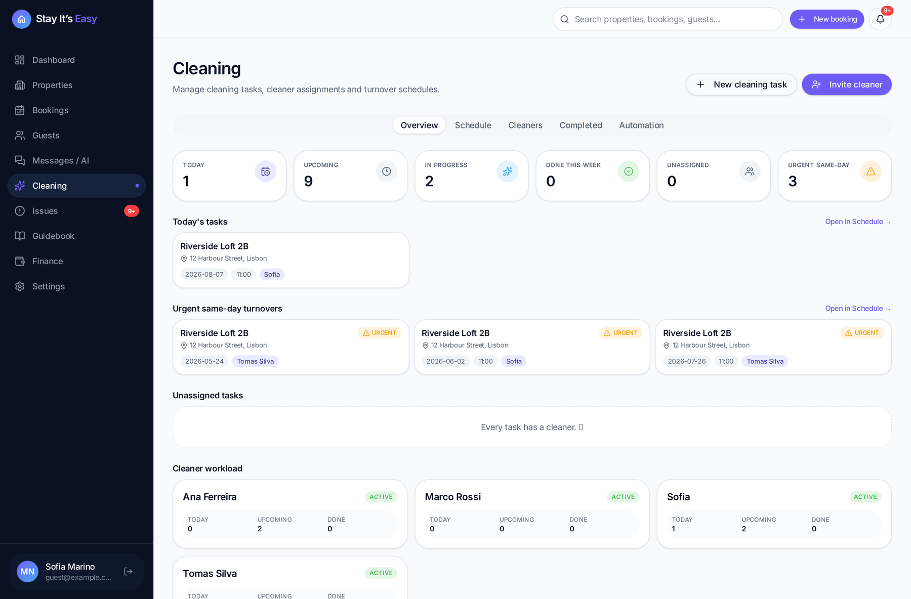 Cleaning board in Stay It's Easy listing turnover tasks by property and date.